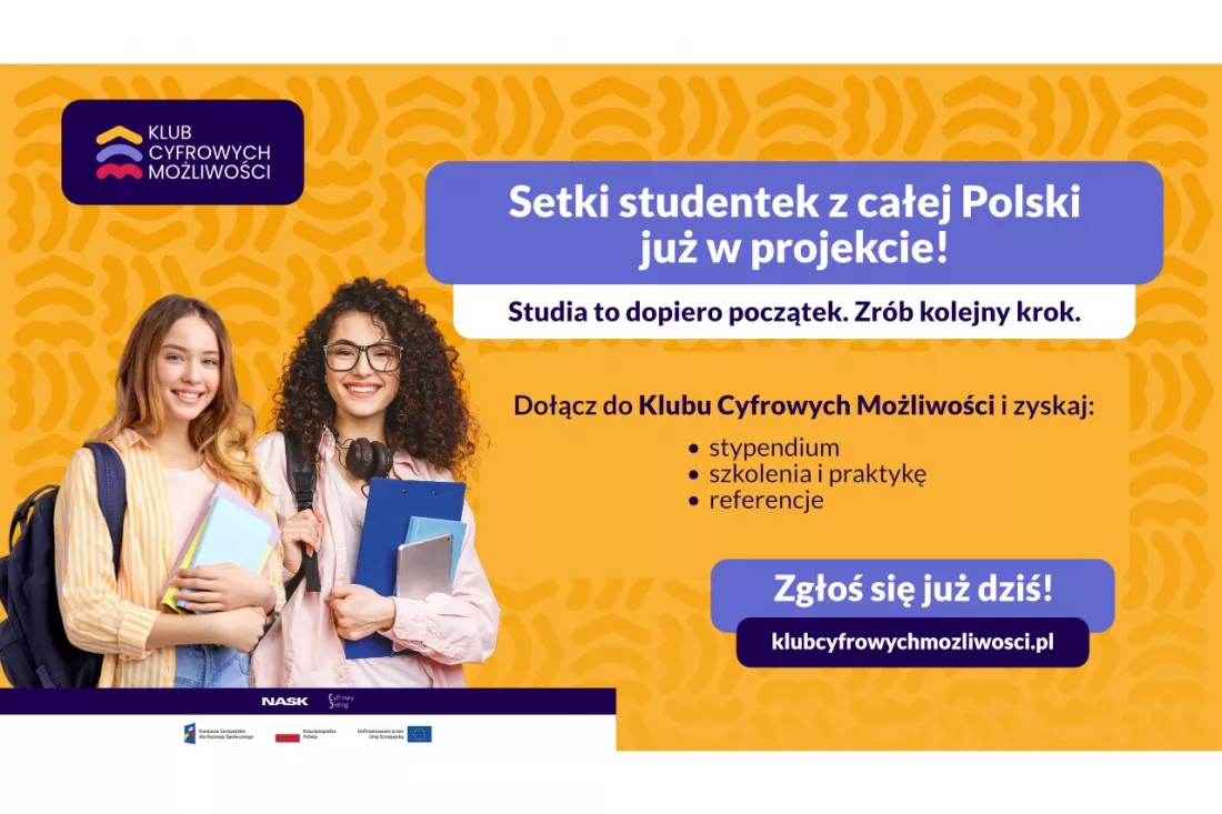 Grafika Klubu Cyfrowych Możliwości z dwiema studentkami i hasłem o naborze do projektu